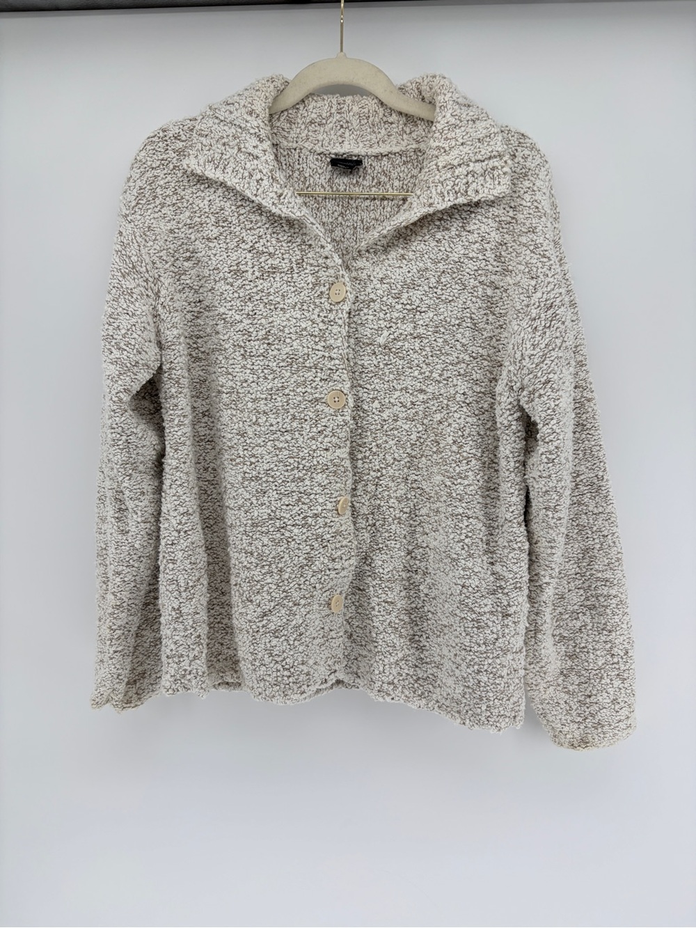 Eileen Fisher Boucle Cotton Linen Blend Button Thick Cardigan M Tan/Cream